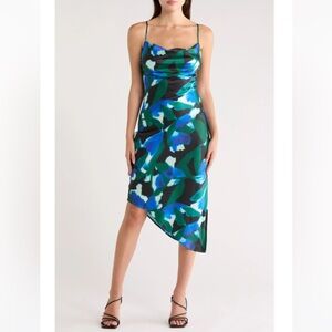 Area Stars Alba Blue Slip Dress NWT Asymmetrical Hem With Slit Draped Neck Med